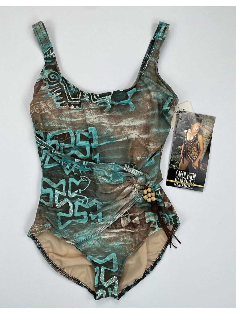 NWT Vtg 90s Carol Wior Slimsuit One Piece Swimsuit Turquoise Tribal 14